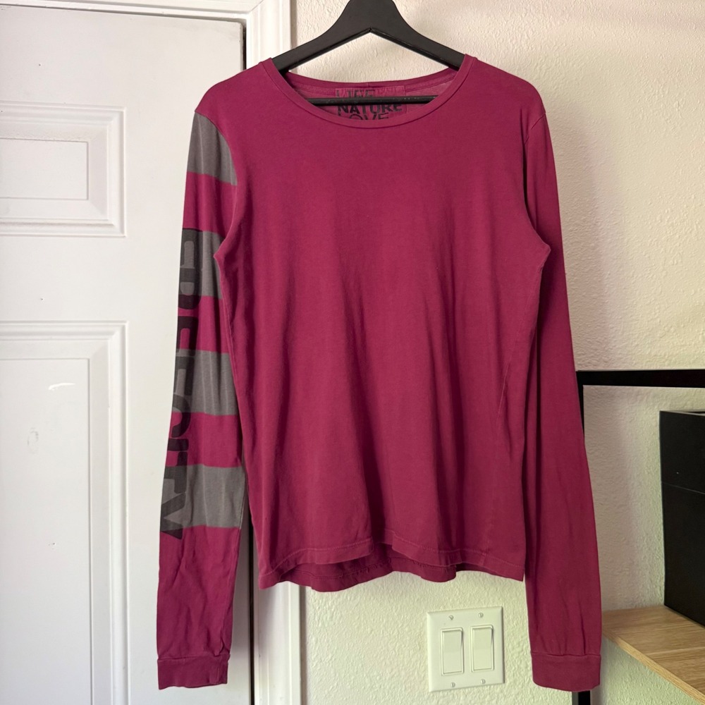 FREECITY burgundy grey striped long sleeve crew neck tee t-shirt top
